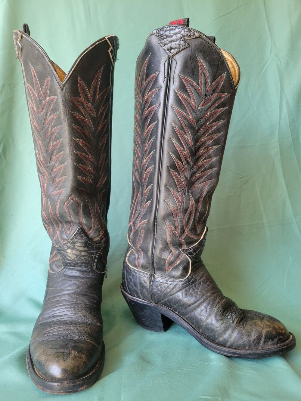 Vintage Justin 1810 Cowboy Boots Black Leather Red Stitch Western USA Men’s 7.5
